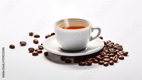 Cup of coffee with coffee beans on white background  close up