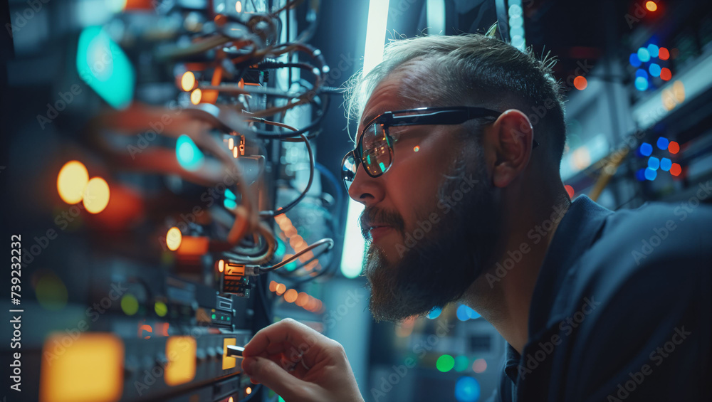 An IT employee is connecting cables to the server An IT employee is connecting cables to the server