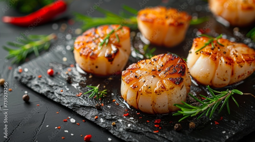 Grilled scallops on a black background top view with copy space
Grilled scallops on a black background top view with copy space