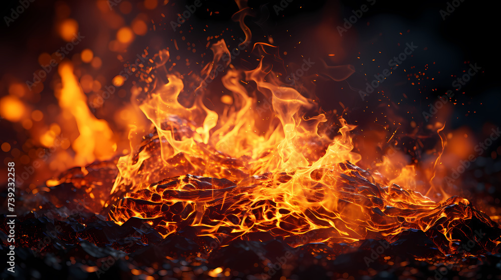 Flame illustration, fire burning and glowing particles Flame illustration, fire burning and glowing particles