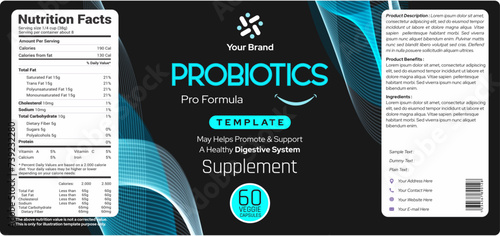 Probiotic label design, prebiotic dietary supplement label design, bottle packaging design for capsules pills, creative healthy supplement label, product label design editable illustration file