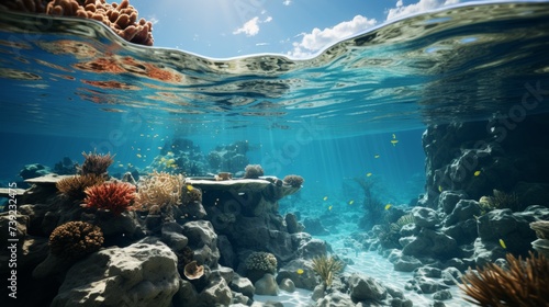 Sunlight filtering through the water onto a coral reef, highlighting the textures and colors of the corals, tranquil and pristine ocean environment, P