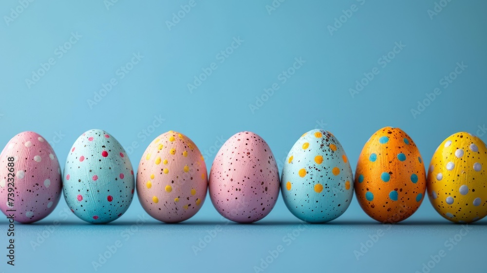 Colorful easter eggs on blue background with copy space	
