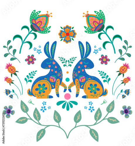 Rabbits with folk flower elements. Bunny sampler in folk boho style. Ethnic embroidery ornament with flowers.