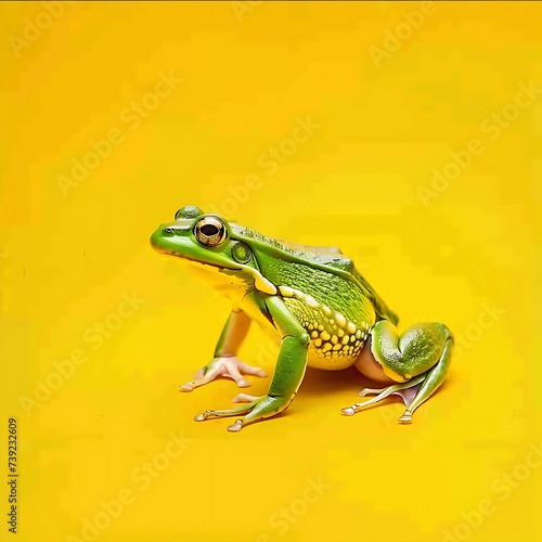 Green frog on the yellow background. 29 february leap year day concept