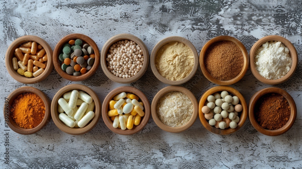 Dietary supplements for health and beauty, in pill and powder forms, vitamins, collagen, biotin
Dietary supplements for health and beauty, in pill and powder forms, vitamins, collagen, biotin