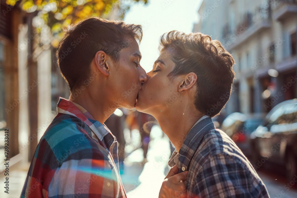 Affectionate Male Couple Forehead Kiss on City Street