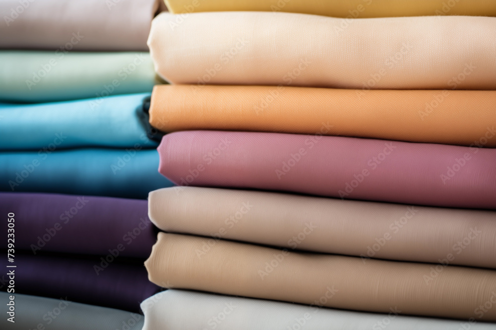 Colorful linen towels are neatly folded and stacked. A concept for a nomadic lifestyle that favors natural materials.