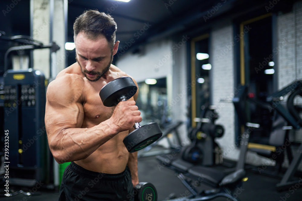 Fit topless man exercising in gym. Side view of strong bearded bodybuilder working out with heavy dumbbell weights, looking at bicep, against blurred background. Concept of sport, bodybuilding.