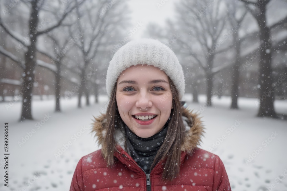 Fototapeta premium Winter walk, a young beautiful woman in winter clothes in a snowy street
