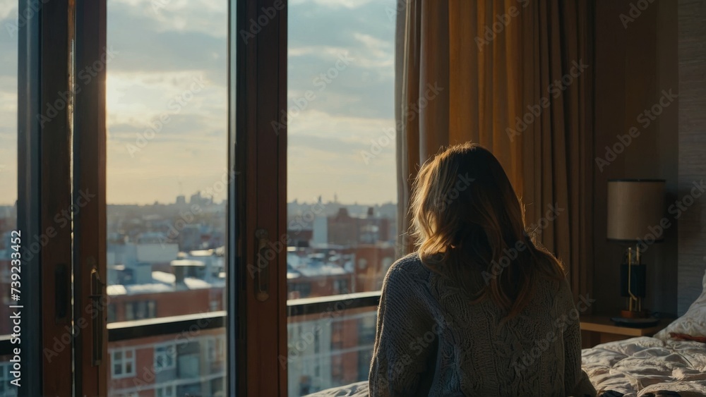 Silhouette of attractive woman looking out hotel room window at the city