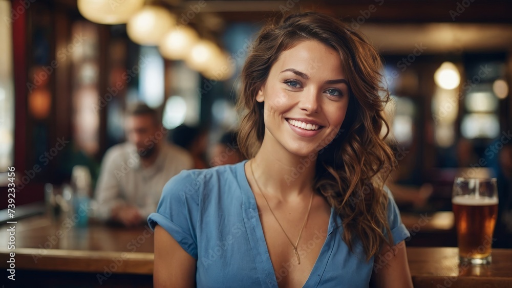 Beautiful young woman sitting at a bar looking at camera in a luxurious interior