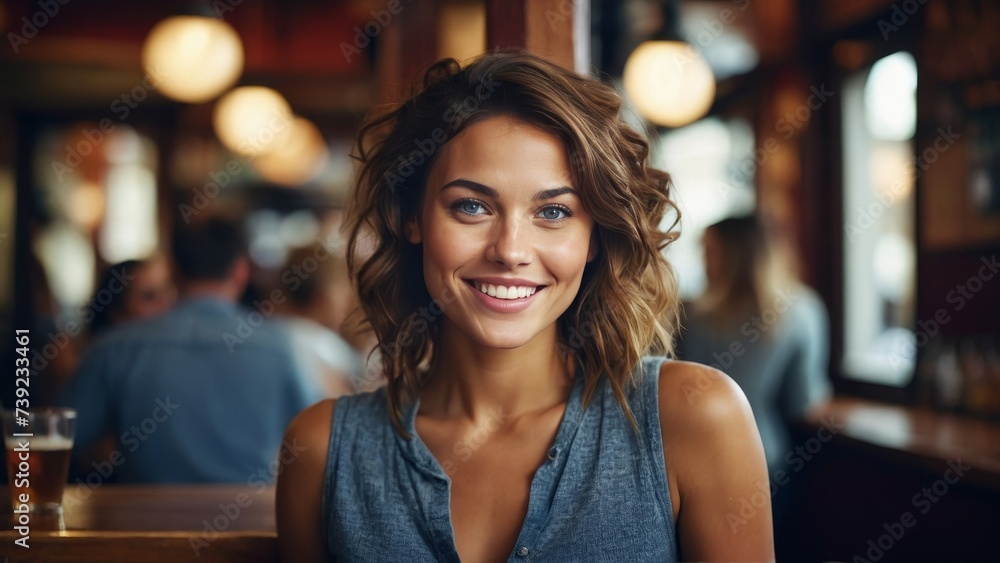 Beautiful young woman sitting at a bar looking at camera in a luxurious interior Beautiful young woman sitting at a bar looking at camera in a luxurious interior