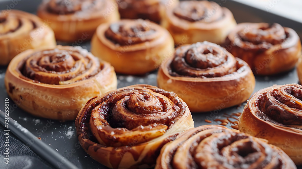 close up of freshly baked cinnamon rolls pastries on baking tray