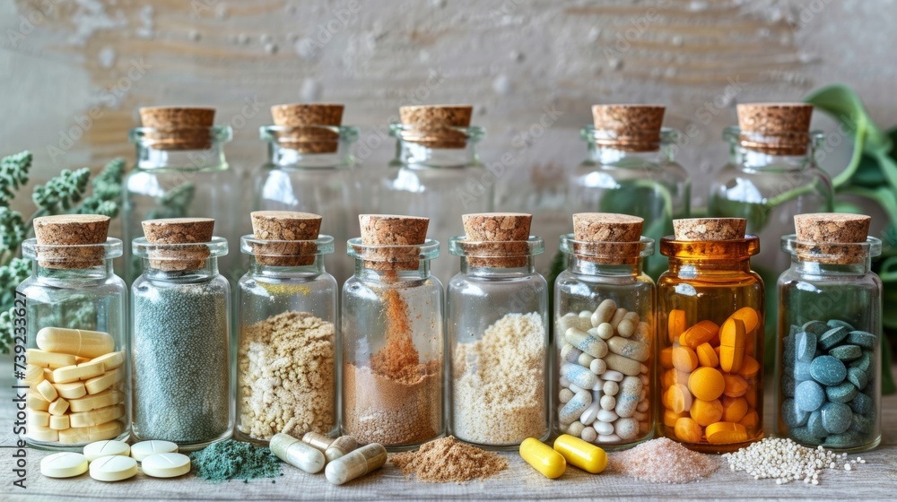 Dietary supplements for health and beauty, in pill and powder forms, vitamins, collagen, biotin Dietary supplements for health and beauty, in pill and powder forms, vitamins, collagen, biotin