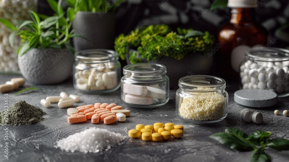Dietary supplements for health and beauty, in pill and powder forms, vitamins, collagen, biotin Dietary supplements for health and beauty, in pill and powder forms, vitamins, collagen, biotin
