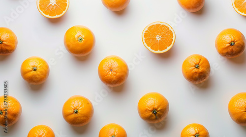 top down view of whole oranges and half oranges evenly distributed on white background photo