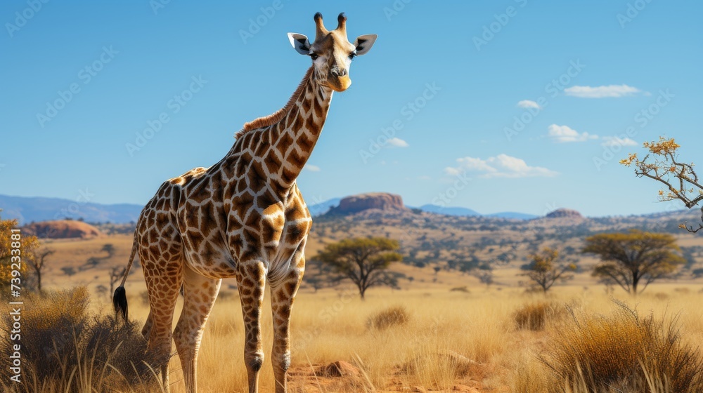 Obraz premium Giraffe grazing on tall trees, vast open plains in the background, clear blue sky, showcasing the unique and graceful wildlife of the savannah, Photor