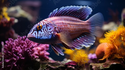 Rare fish species in ocean, marine inhabitants among corals. beautiful big pink shiny fish close up photo
