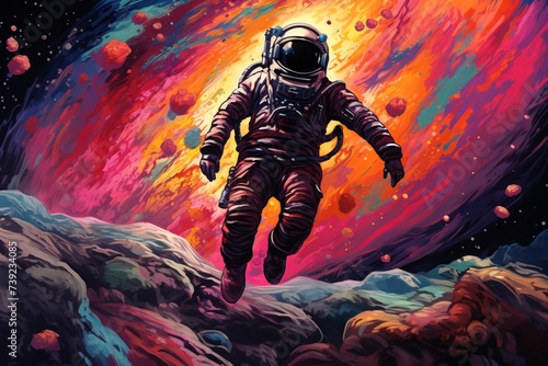 an astronaut in space with colorful background