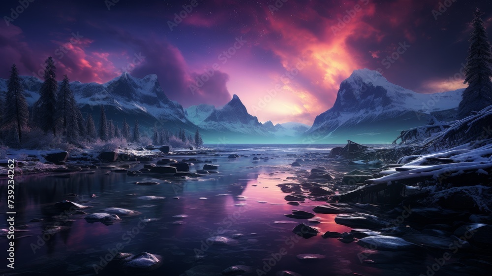 Northern lights (Aurora Borealis) over an icy landscape, vibrant green and purple hues, capturing the ethereal beauty of polar skies, Photorealistic, - obrazy, fototapety, plakaty 