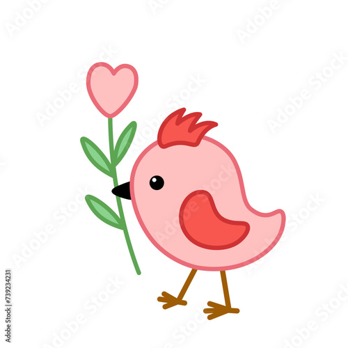 Pink nestling holds heart flower. Love. Valentines day. Cartoon, vector