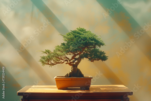 Ginseng bonsai tree  adorned in lush green hues  graces a wooden desk against a backdrop of warm yellow tones  embodying the fusion of nature and simplicity in a captivating display.
