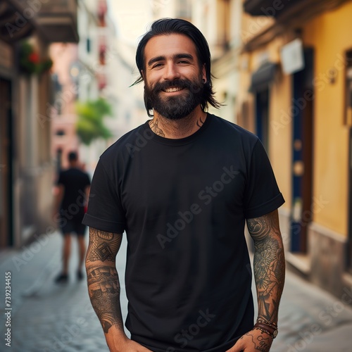 Man with tattoos and a plain black t-shirt on the street. Perfect for design and logo mockups