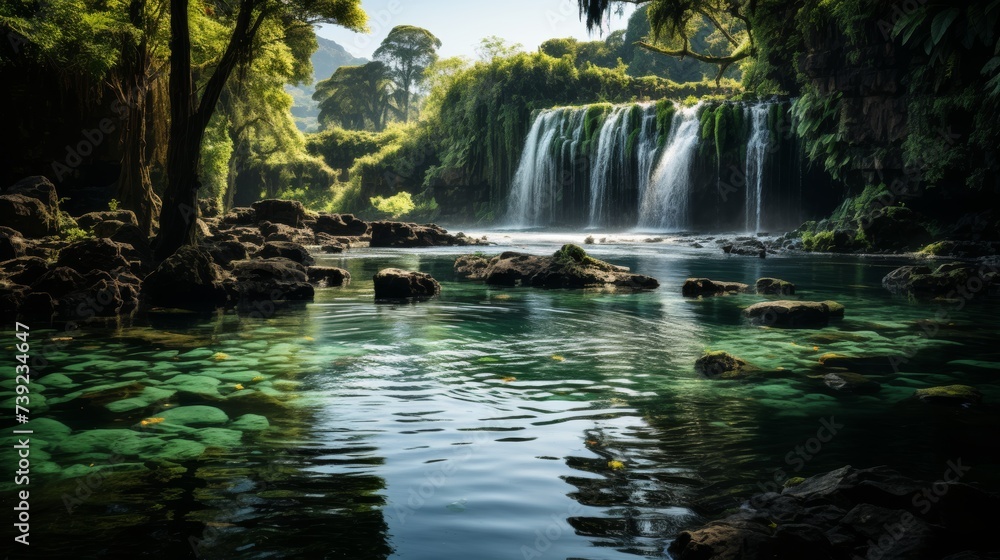 Obraz premium Majestic waterfall cascading into a crystal-clear pool, lush greenery surrounding, mist rising, capturing the power and beauty of natural waterfalls,