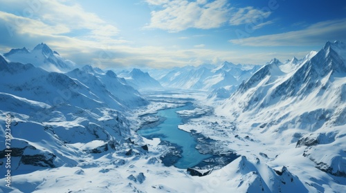 Snow-covered mountain range from the air, peaks and valleys highlighted, conveying the majesty and isolation of mountainous terrain, Photorealistic, d