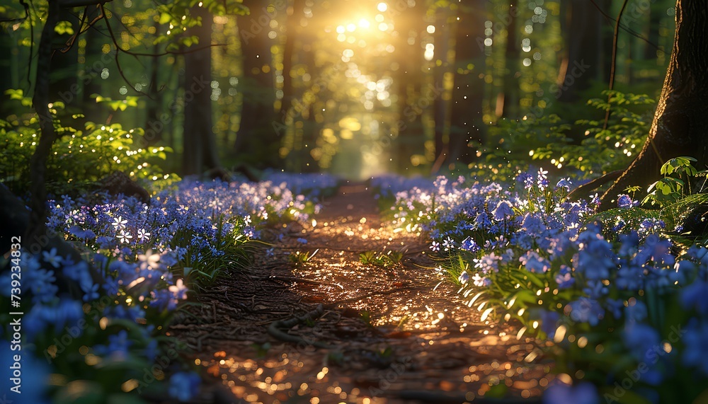 Obraz premium sun rays beaming through the forest. dreamy forest full of flowers during spring time. Flowers and nature blooming in spring
