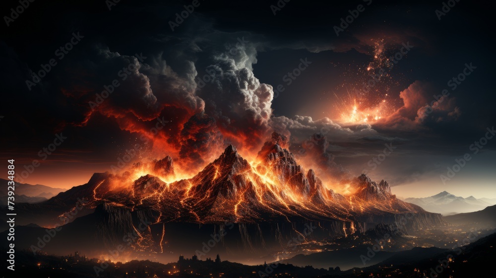 Volcanic eruption at night, glowing lava and ash plume against a starry sky, conveying the dramatic and powerful force of nature, Photorealistic, volc