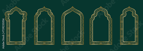 Gold ornamental arch frame shape Islamic door or window with geometric girikh pattern, silhouette Arabic arch. Luxury set in oriental style. Frames in Arabic Muslim design for Ramadan Kareem. Vector