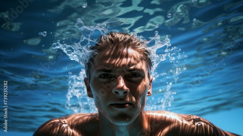 Close-up of a handsome athletic male swimmer swimming in a pool underwater. Healthy lifestyle, Training, Sports and preparation for the competition concept.