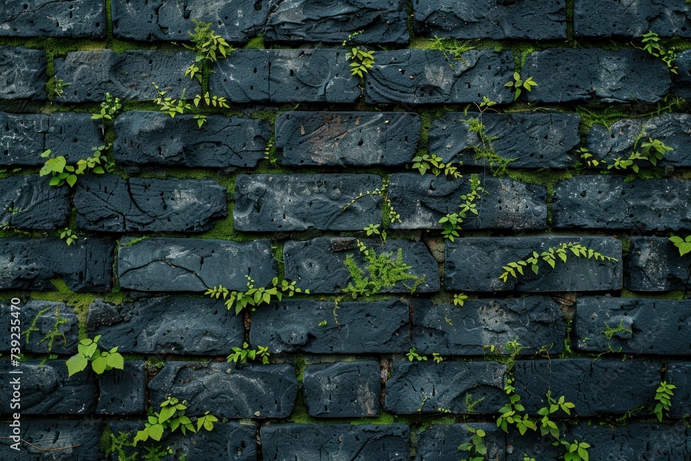 This close-up of a dark brick wall features moss accents and a textured contrast, highlighting natural aging This close-up of a dark brick wall features moss accents and a textured contrast, highlighting natural aging