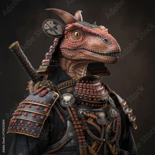 A complex interpretation of a velociraptor samurai in full armor photo