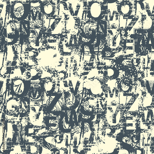 Seamless pattern with alphabet letters in black and white paint splashes, blots and handwritten text lorem ipsum. Abstract vector background with latin letters. Suitable for wallpaper, wrapping paper