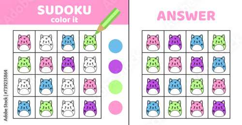 Sudoku. Mushroom boletus, porcini. Coloring sudoku with mushroom. Squishmallow. Cartoon