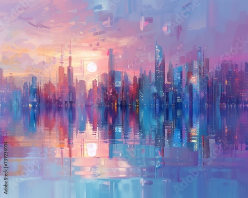 Crystalline cityscape bathed in the twilights glow