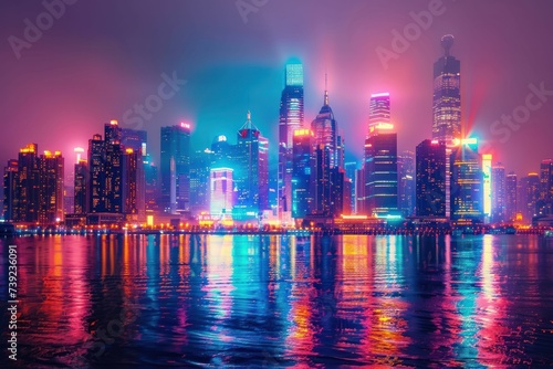 Futuristic cityscape in 3D, neon lights and towering skyscrapers, immersive wallpaper