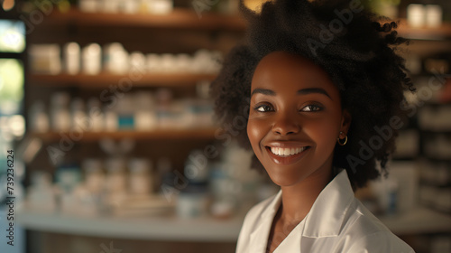 Smiling african american female pharmacist in drugstore store