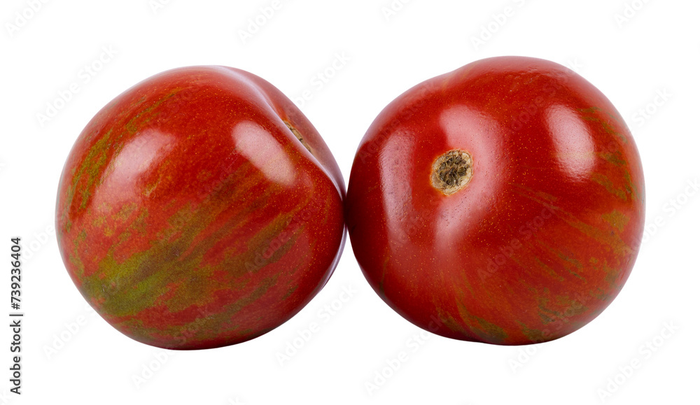 Red with green striped black zebra tomatoes, isolated cutout on a transparent background.
