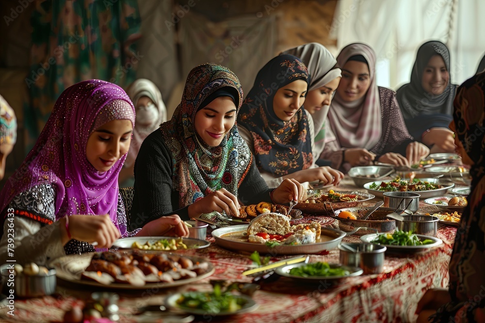A group of young muslim women gathered around a table, sharing a meal with smiles on their faces. They are enjoying food s, celebrating Muslim festival of sacrifice