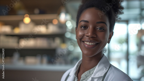 Smiling african american female pharmacist in drugstore store