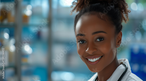 Smiling african american female pharmacist in drugstore store