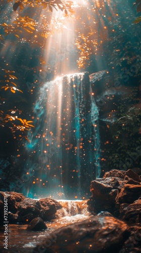 Radiant crystal waterfall in a mythical world
