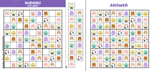 Sudoku with nine cute animals. Squishmallow. Game puzzle for kids. Cut and glue. Cartoon