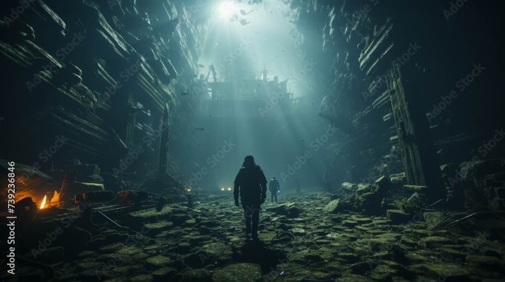 Underwater shot of a diver exploring a sunken ship, mysterious and eerie ambiance, light beams penetrating the water, emphasizing the adventure of div - obrazy, fototapety, plakaty 
