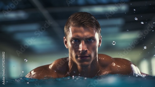 Close-up of a handsome athletic male swimmer swimming in the pool, training and preparing for competitions, relaxing and doing hobbies, relaxing on weekends. Healthy lifestyle, Sports concepts. © liliyabatyrova