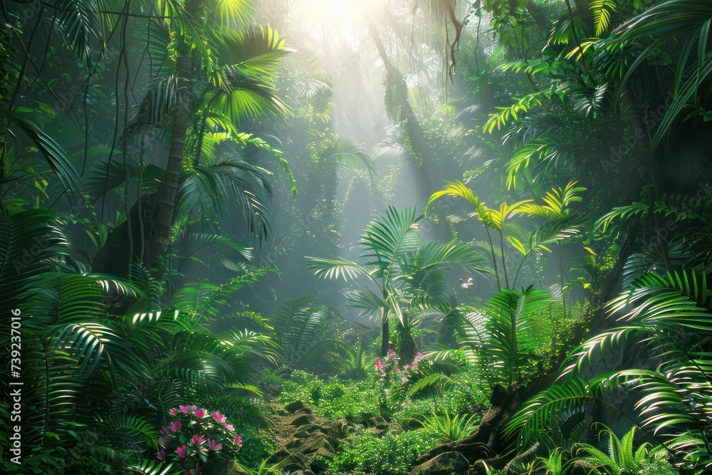Dense foliage and exotic animals fill this lush 3D rainforest, offering a vivid jungle adventure